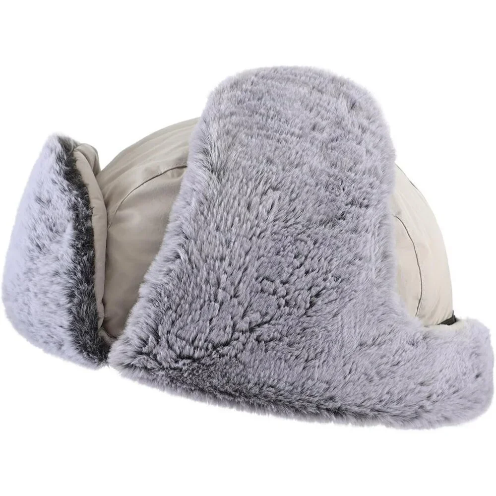 Men's Light Grey Trapper Hat Faux Fur Trooper Hunting Cap with Face Mask